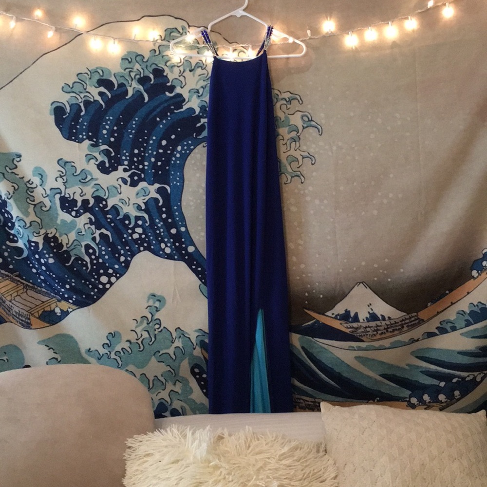 Dark blue formal dress with diamond accents